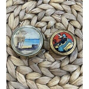 VTG Makeup & Trinket Boxes Lot Of 2 Sea Side Scene & Victorian Lady Regency